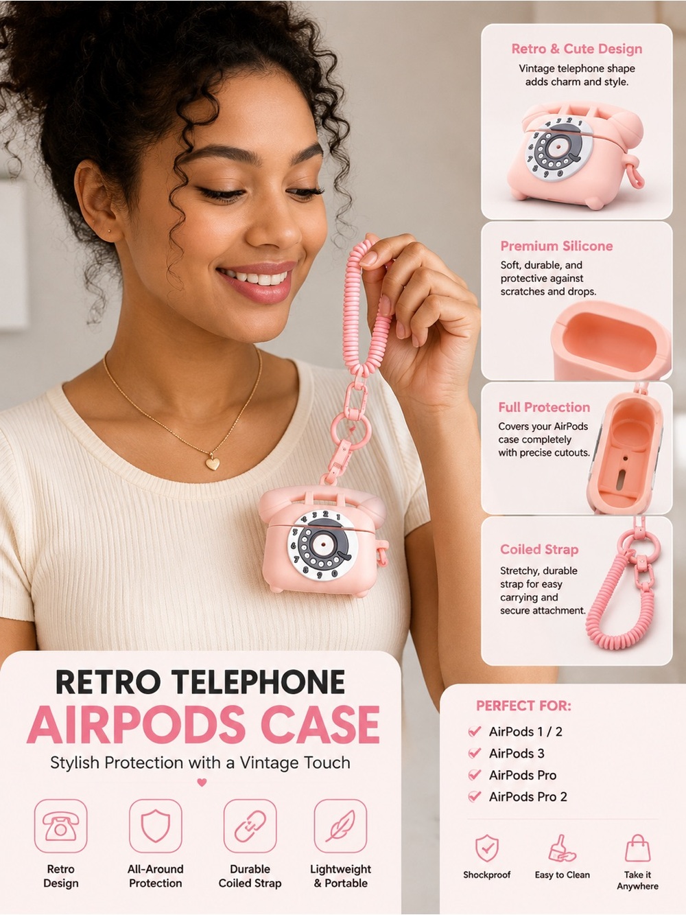 Retro Telephone Pink AirPods Case with Coiled Strap